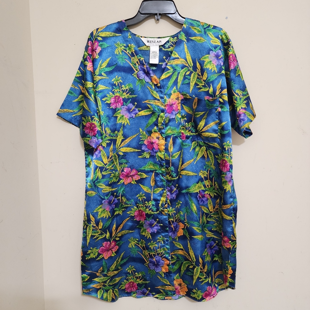 WINLAR Tropical Button Down Vintage Satin Nightgown, size Large, Teal Multicolor